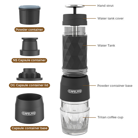 Portable 3-in-1 Travel Espresso Coffee Machine, Hand Press, Capsule Compatible